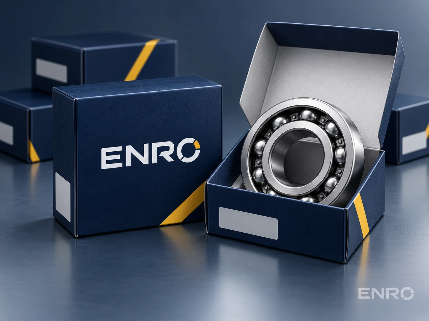 AI packaging concept with navy ENRO bearing boxes and blank labels